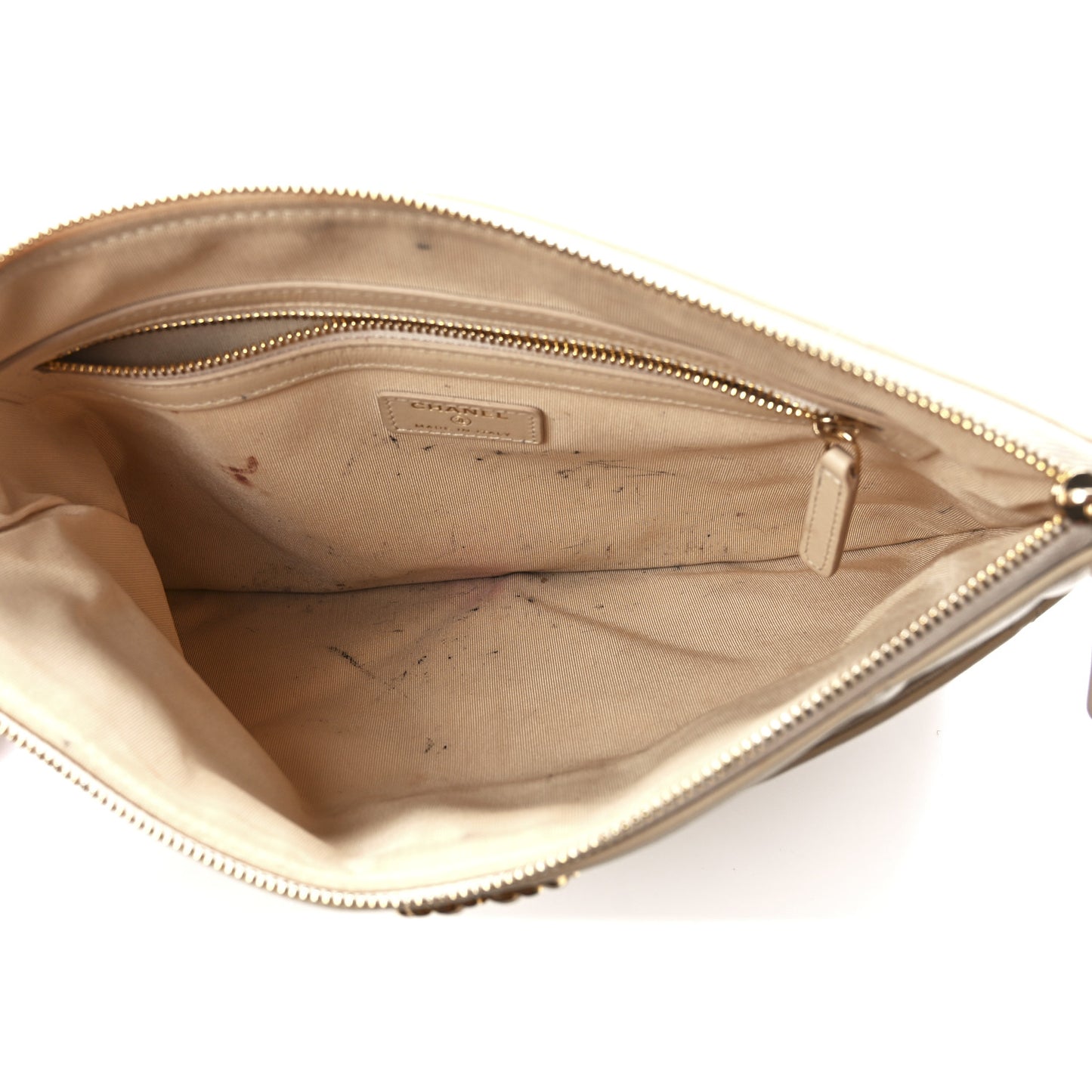 Shiny Goatskin Quilted Chanel 19 Pouch Beige