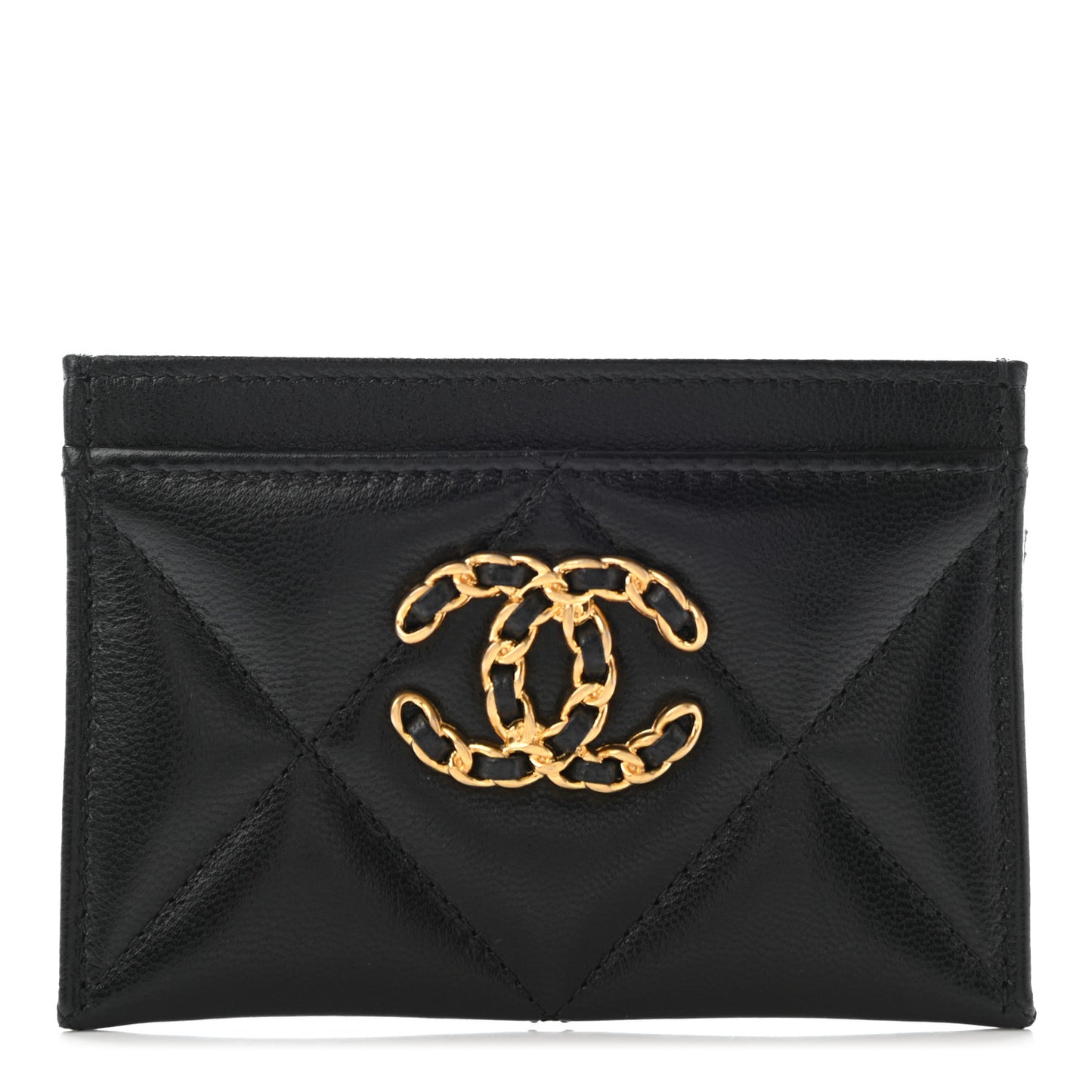 Shiny Goatskin Quilted Chanel 19 Card Holder Black