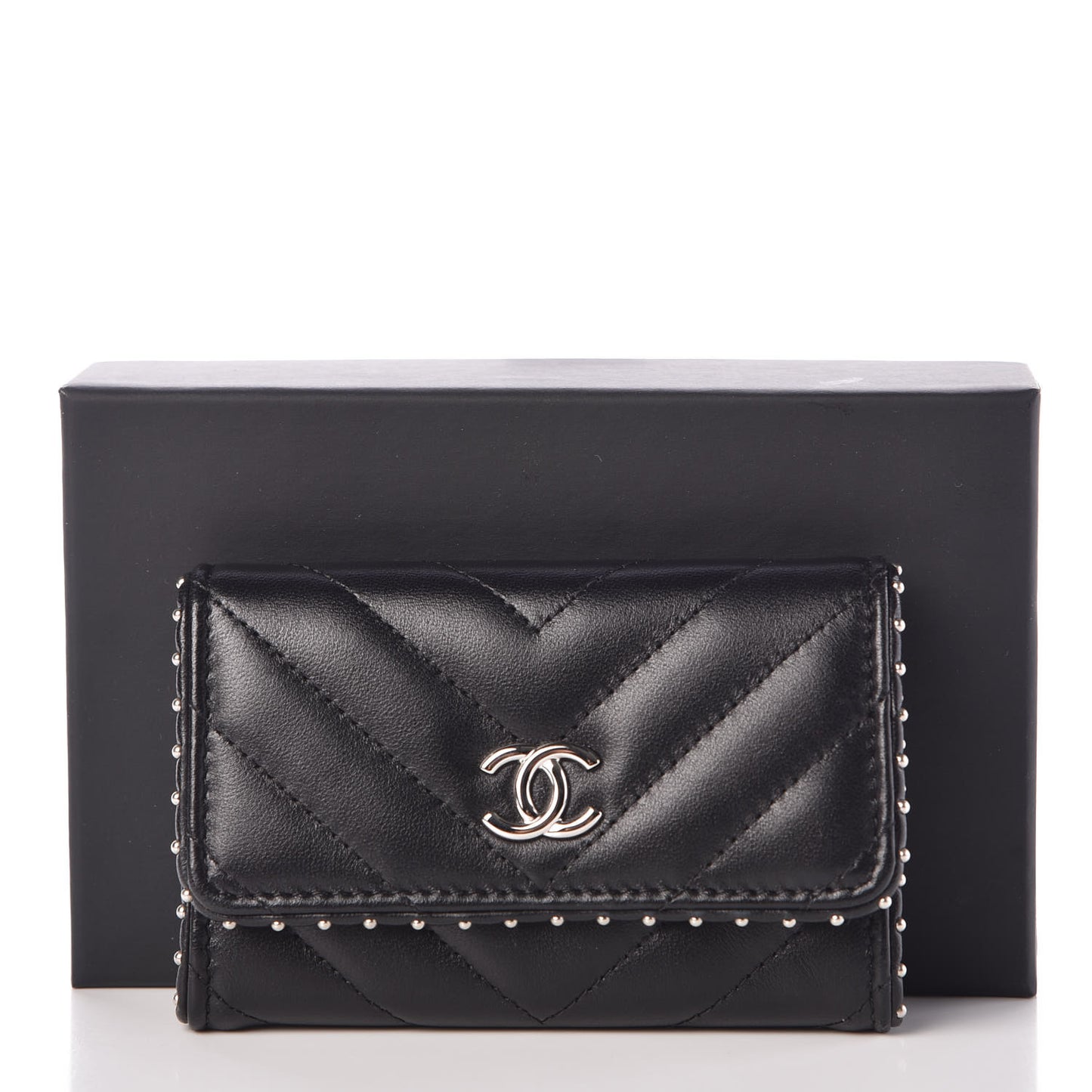 Lambskin Chevron Quilted Studded Card Holder Black