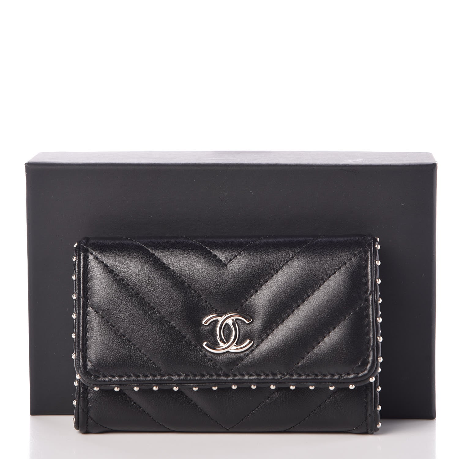 Chanel Lambskin Chevron Quilted Studded Card Holder Black 9 of 9