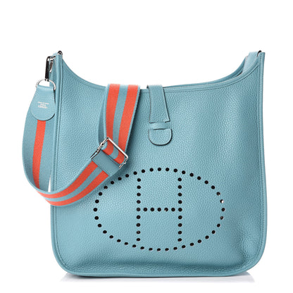 Hermes Taurillon Clemence Amazone Evelyne III GM Bleu Saint Cyr Orange Poppy 1 of 10