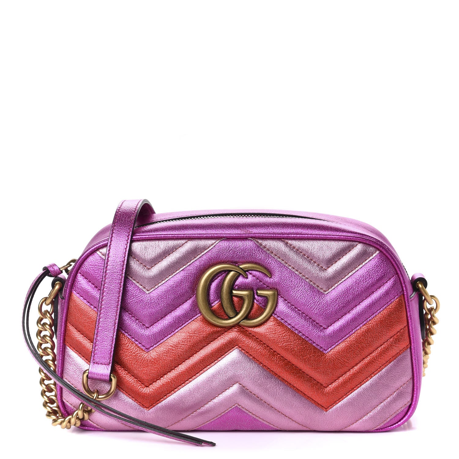 Gucci Laminated Nappa Matelasse Small GG Marmont Chain Shoulder Bag Fuxia Rosso Rosa 1 of 11