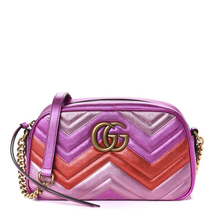 Gucci Laminated Nappa Matelasse Small GG Marmont Chain Shoulder Bag Fuxia Rosso Rosa 1 of 11
