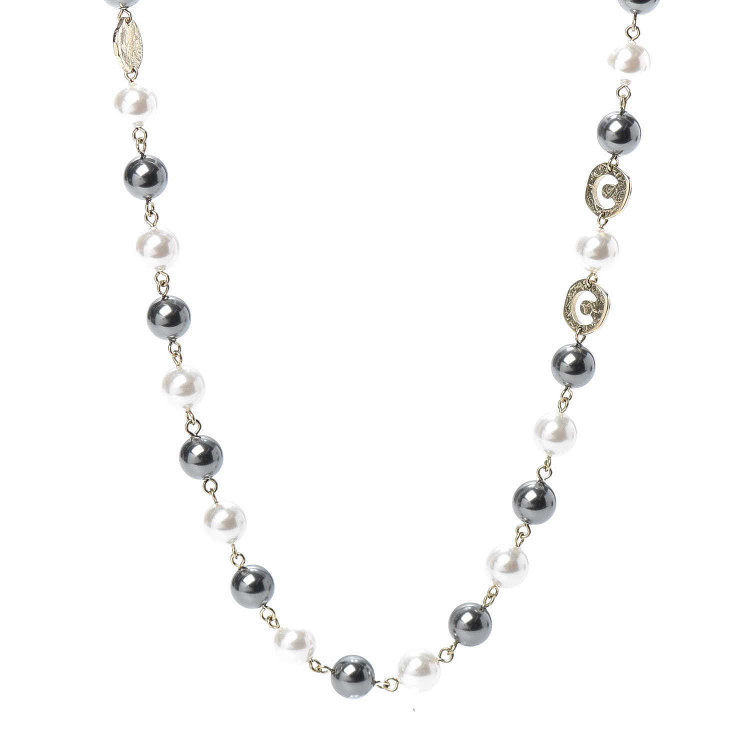 Chanel Pearl Papyrus Long Necklace Gold Pearly White Grey 1 of 4