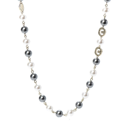 Chanel Pearl Papyrus Long Necklace Gold Pearly White Grey 1 of 4