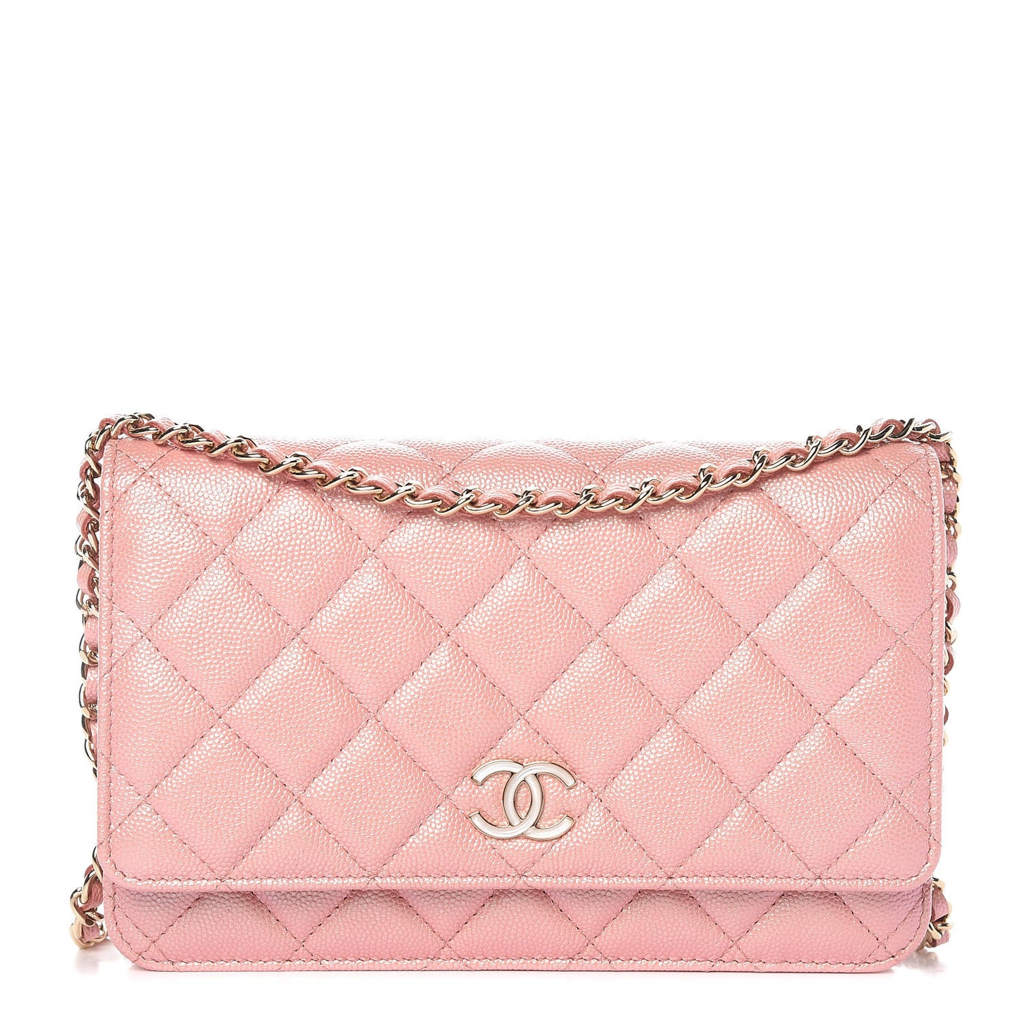 Iridescent Caviar Quilted Wallet on Chain WOC Rose Pink