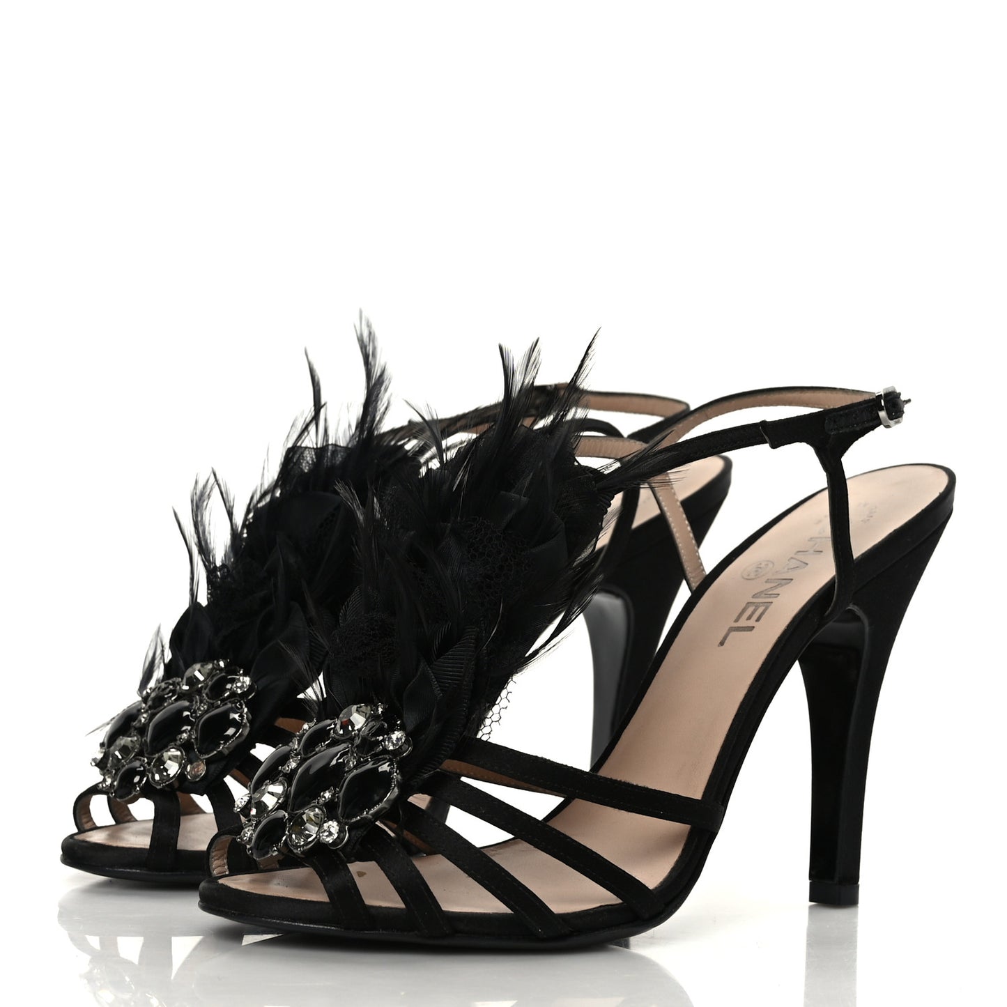 Satin Feather Gripoix Poured Glass Crystal CC Sandals 39 Black