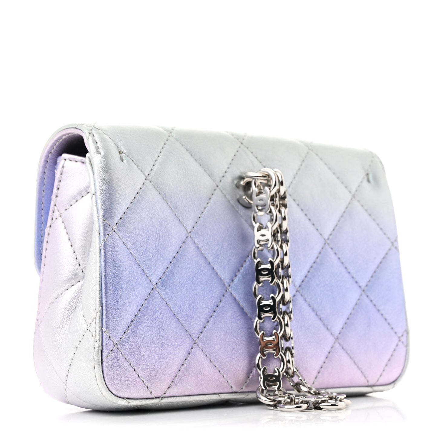 Gradient Metallic Calfskin Quilted Clutch Silver Blue Yellow Purple