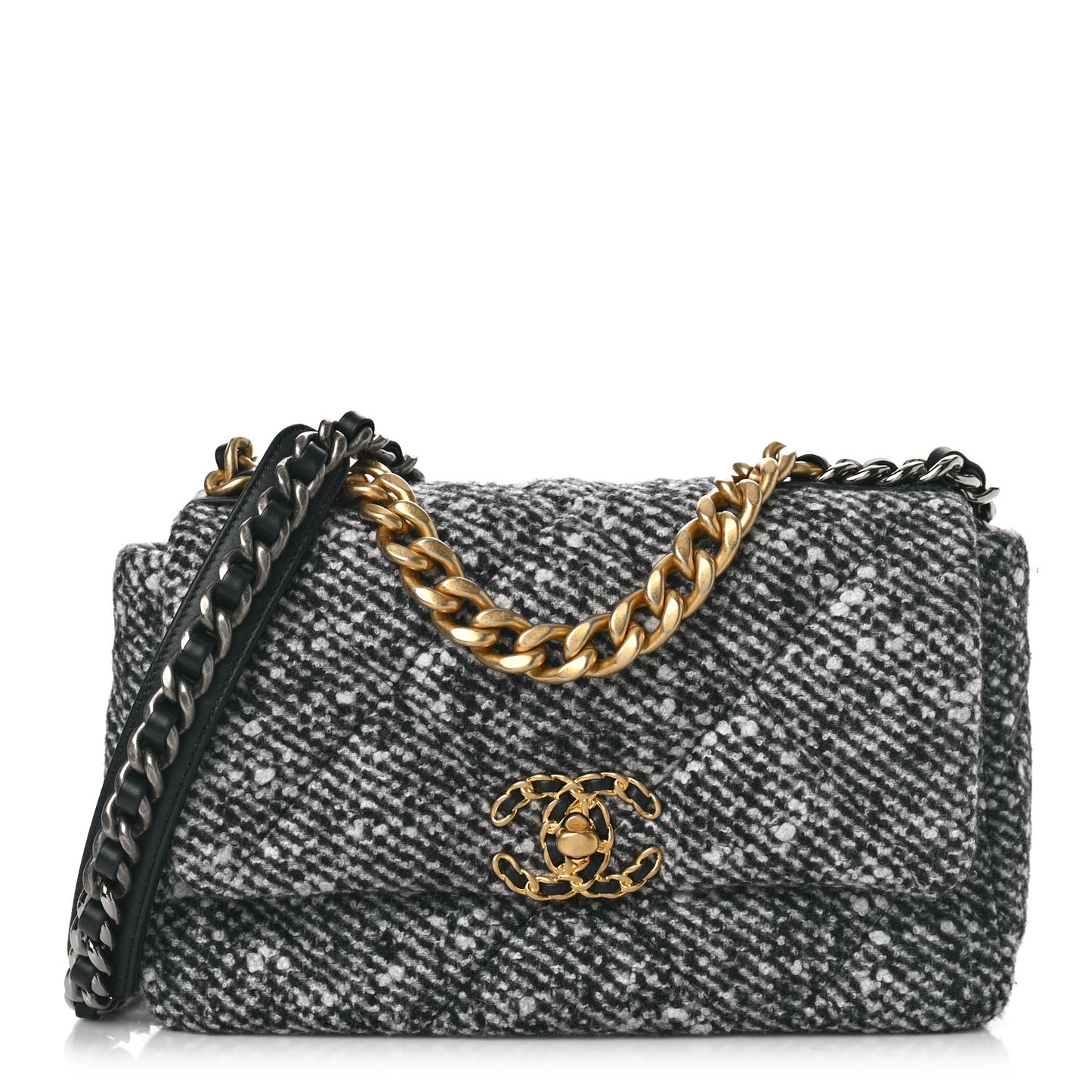 Tweed Quilted Medium Chanel 19 Flap Black White