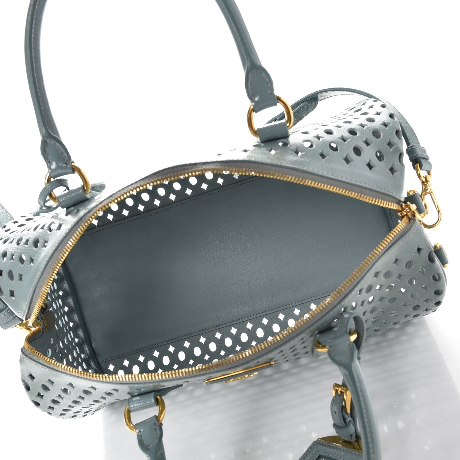 Prada Saffiano Vernice Perforated Satchel Lago 6 of 10