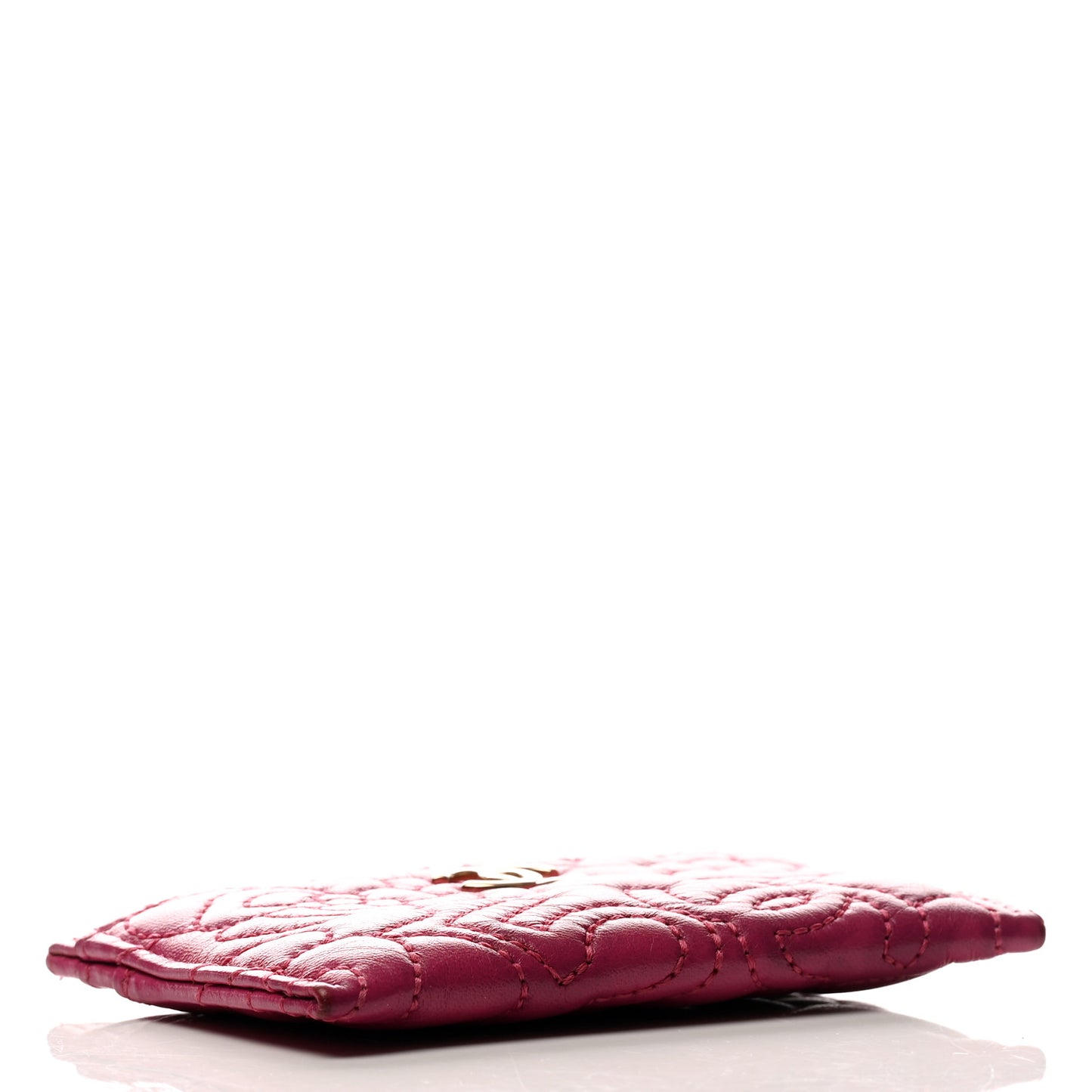 Lambskin Camellia Embossed Card Holder Fuchsia
