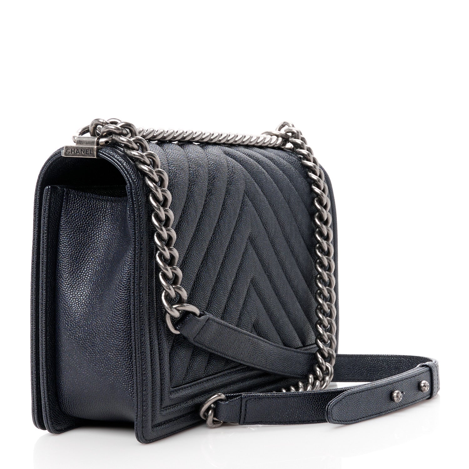 Chanel Caviar Chevron Quilted New Medium Boy Flap Dark Navy Blue 3 of 11
