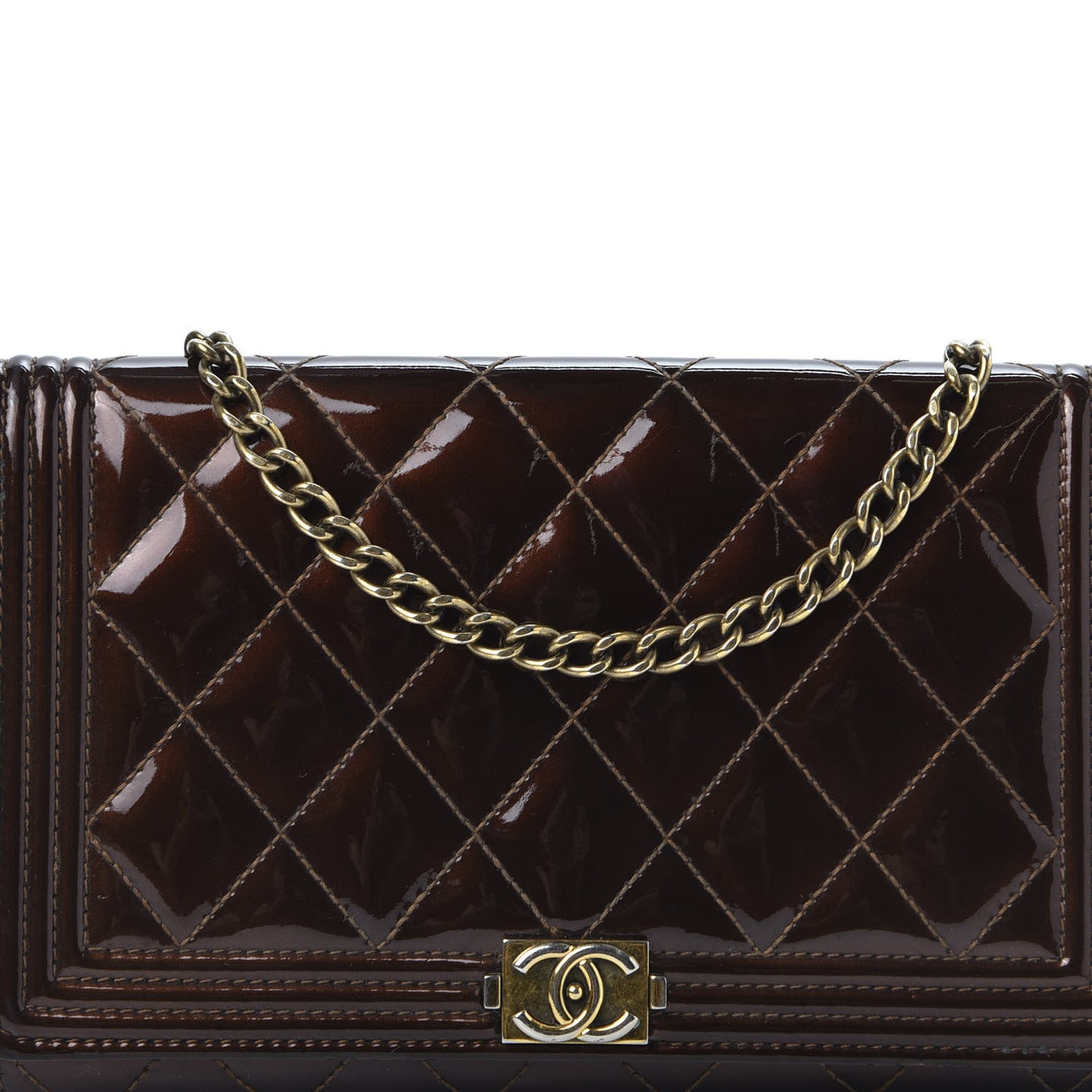 Patent Calfskin Quilted Boy Wallet On Chain WOC Brown