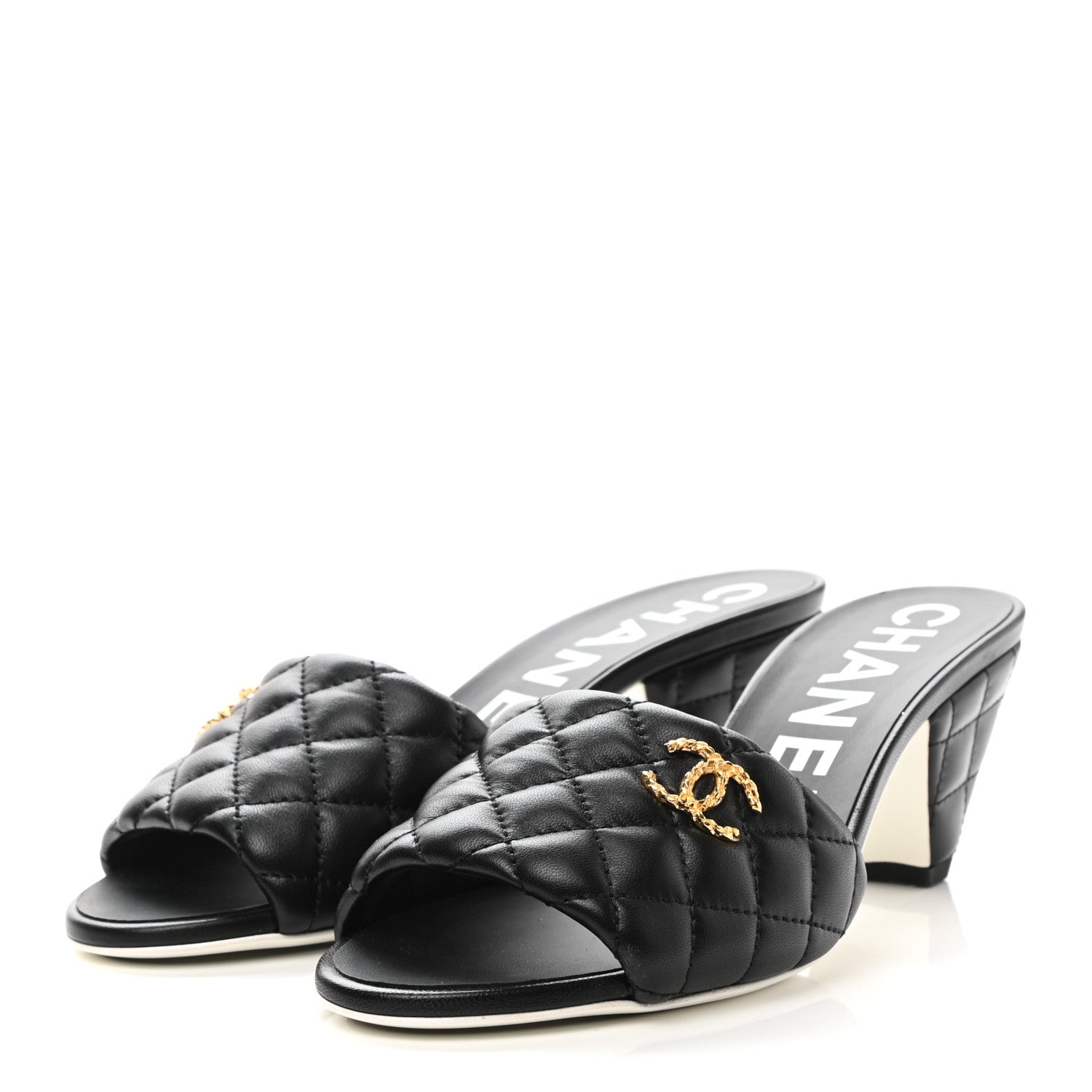 Chanel Lambskin Quilted Textured CC Mules 38 Black 3 of 9