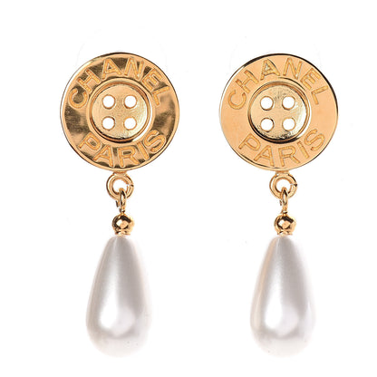 Chanel Metal Pearl Paris Button Drop Earrings Gold 1 of 4