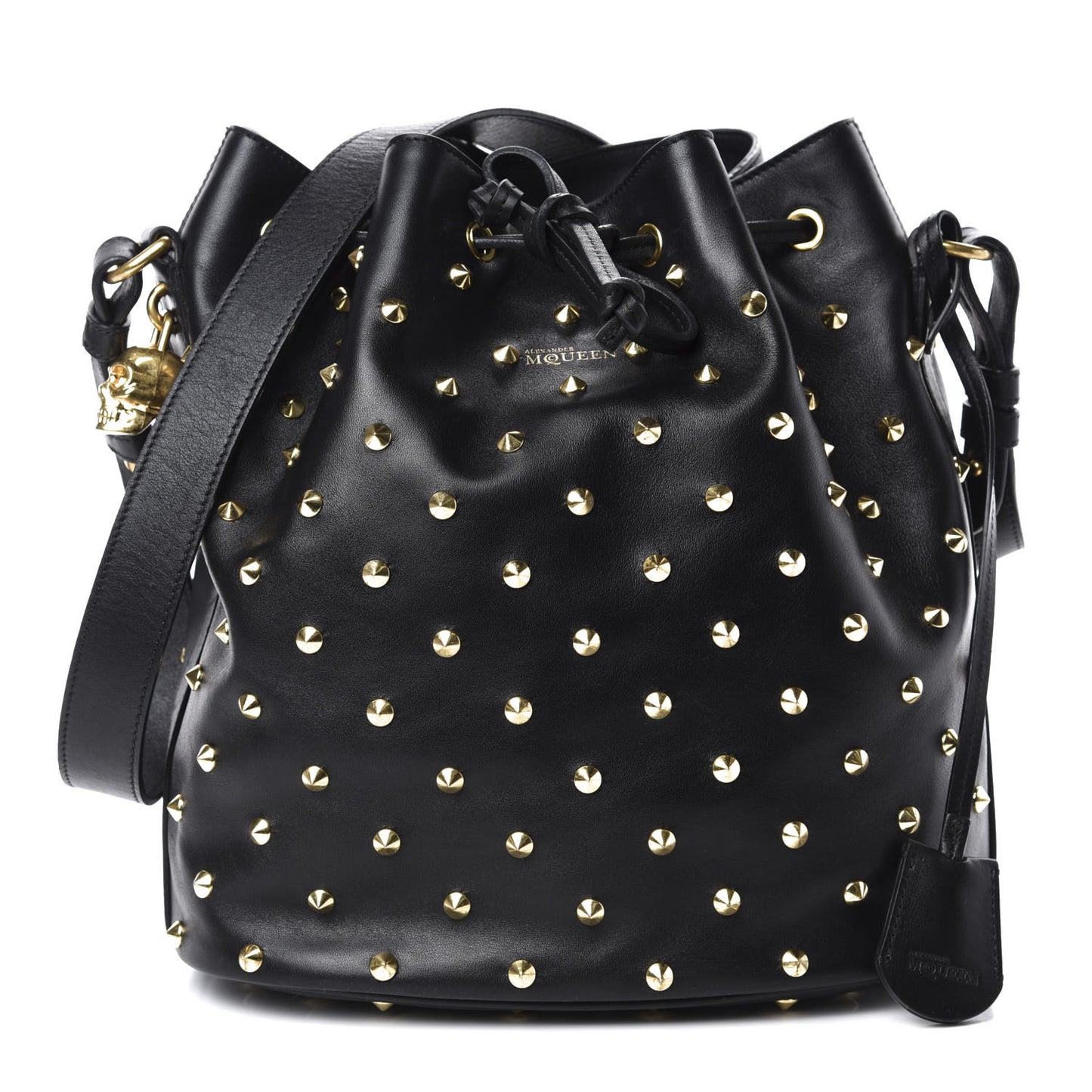 Calfskin Studded Padlock Bucket Bag Black