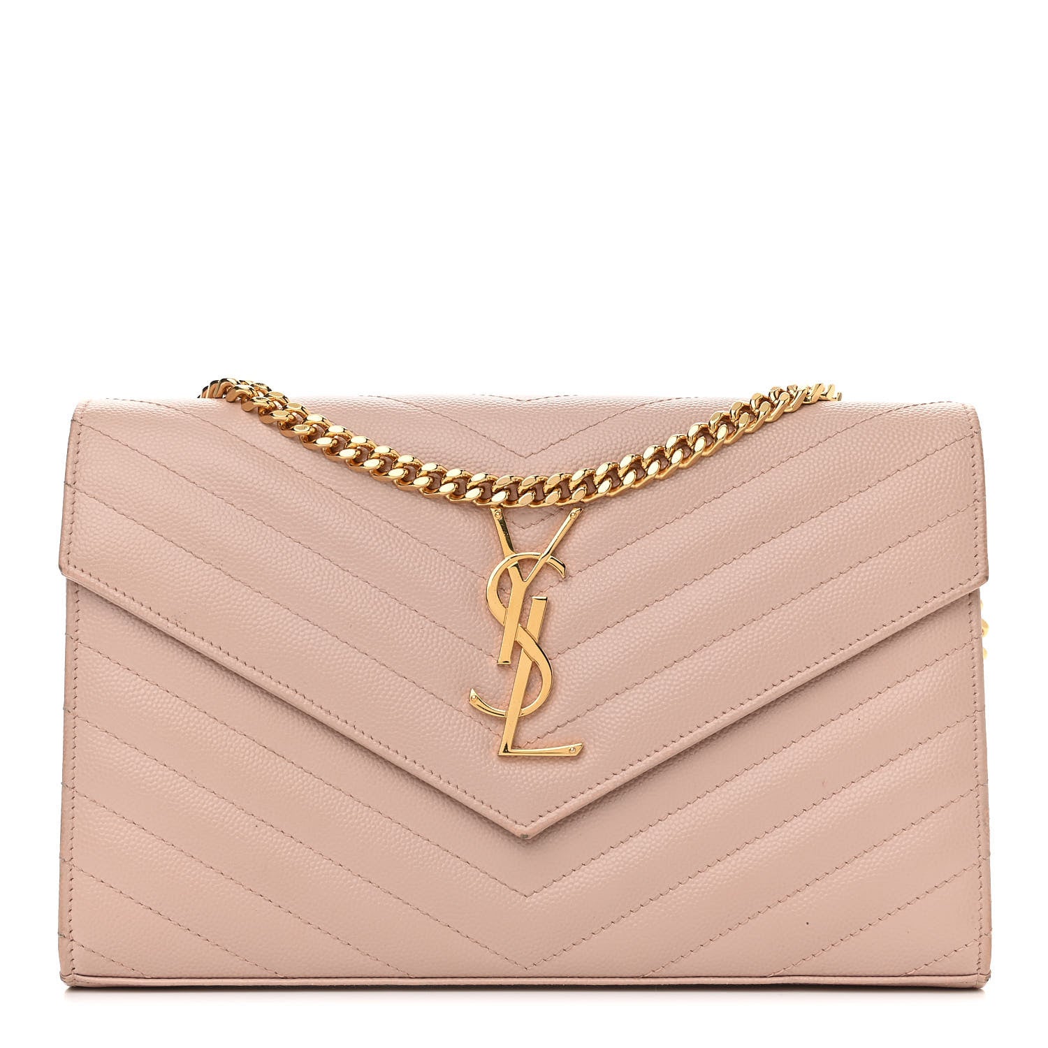 Saint Laurent Grain De Poudre Matelasse Chevron Monogram Chain Wallet Pale Blush 1 of 12