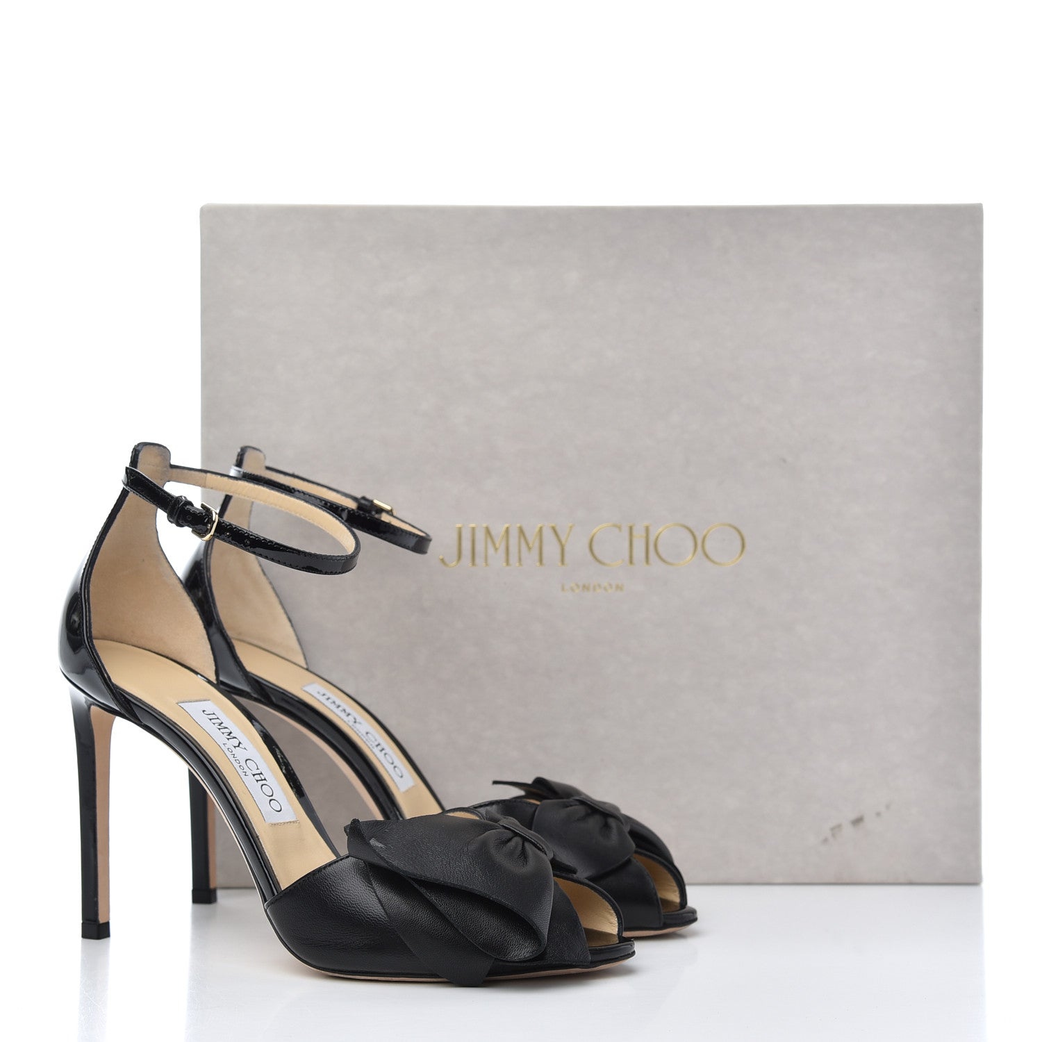 Jimmy Choo Shiny Calfskin Bow Sandals 37.5 Black 13 of 13
