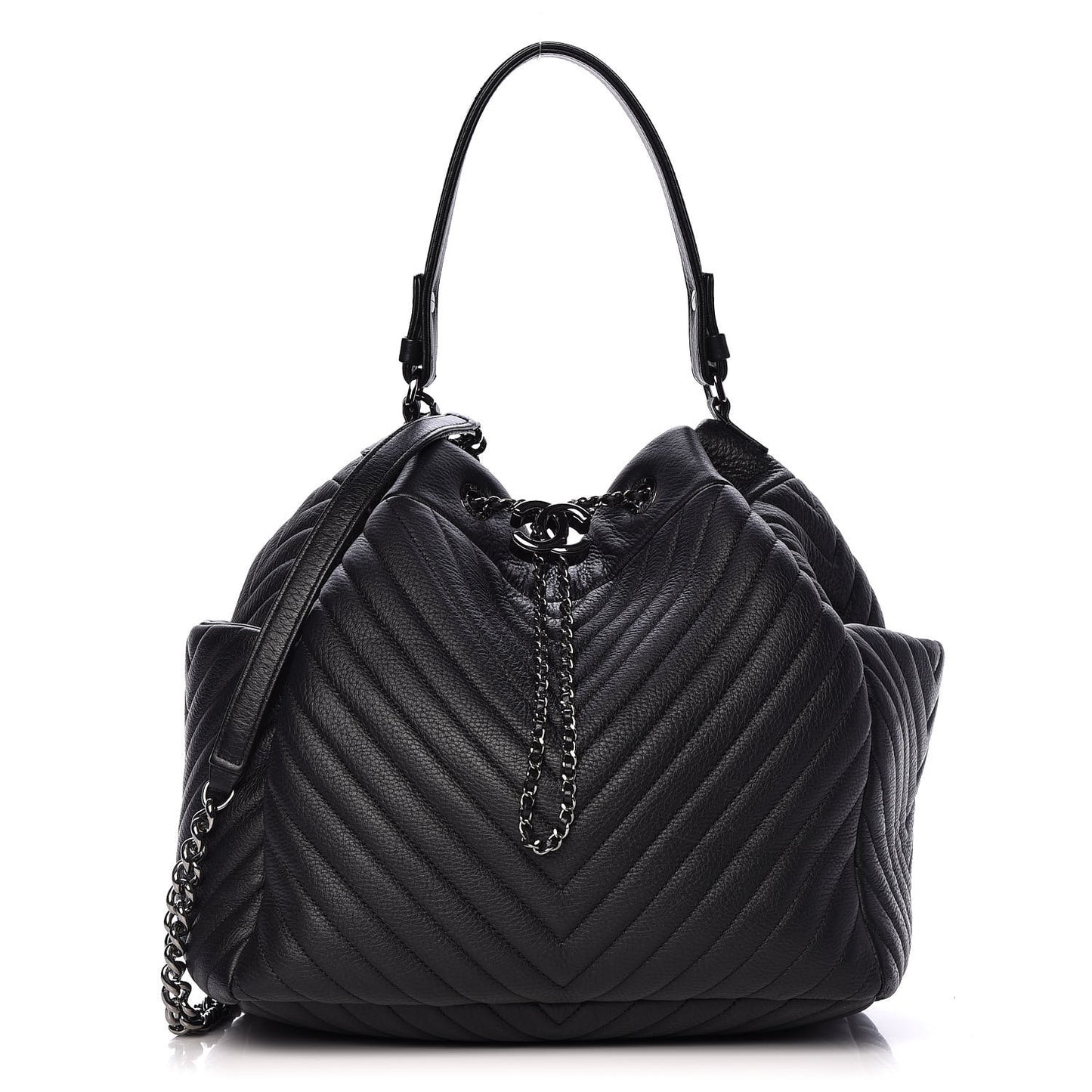 Deerskin Chevron Large CC Chain Bucket Drawstring Bag Black