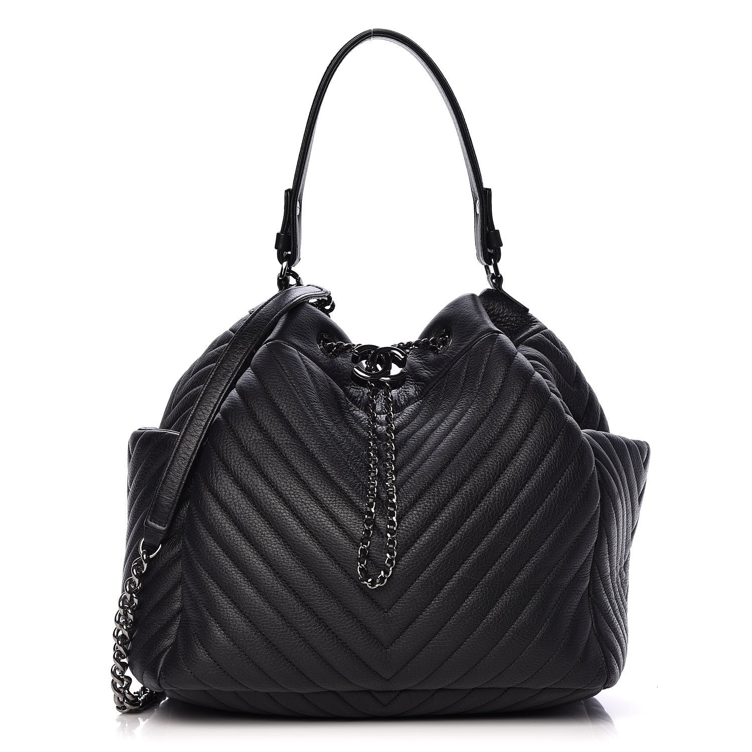 Chanel Deerskin Chevron Large CC Chain Bucket Drawstring Bag Black 1 of 10