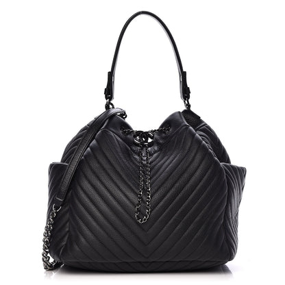 Chanel Deerskin Chevron Large CC Chain Bucket Drawstring Bag Black 1 of 10