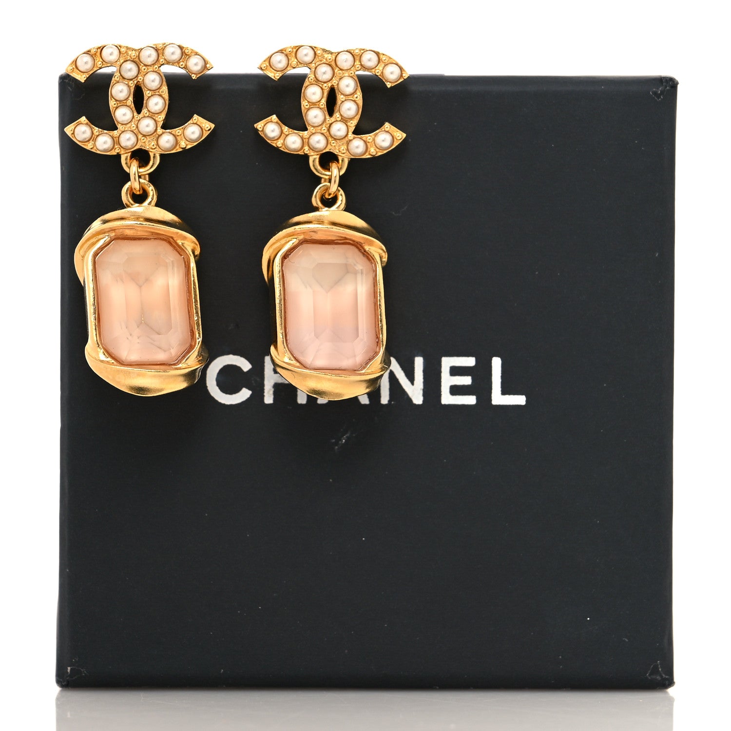 Chanel Metal Crystal Pearl CC Drop Earrings Gold Pink 5 of 5