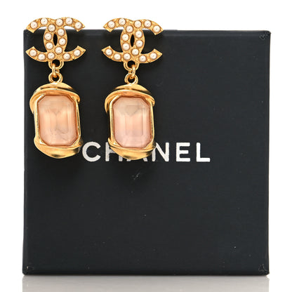 Chanel Metal Crystal Pearl CC Drop Earrings Gold Pink 5 of 5