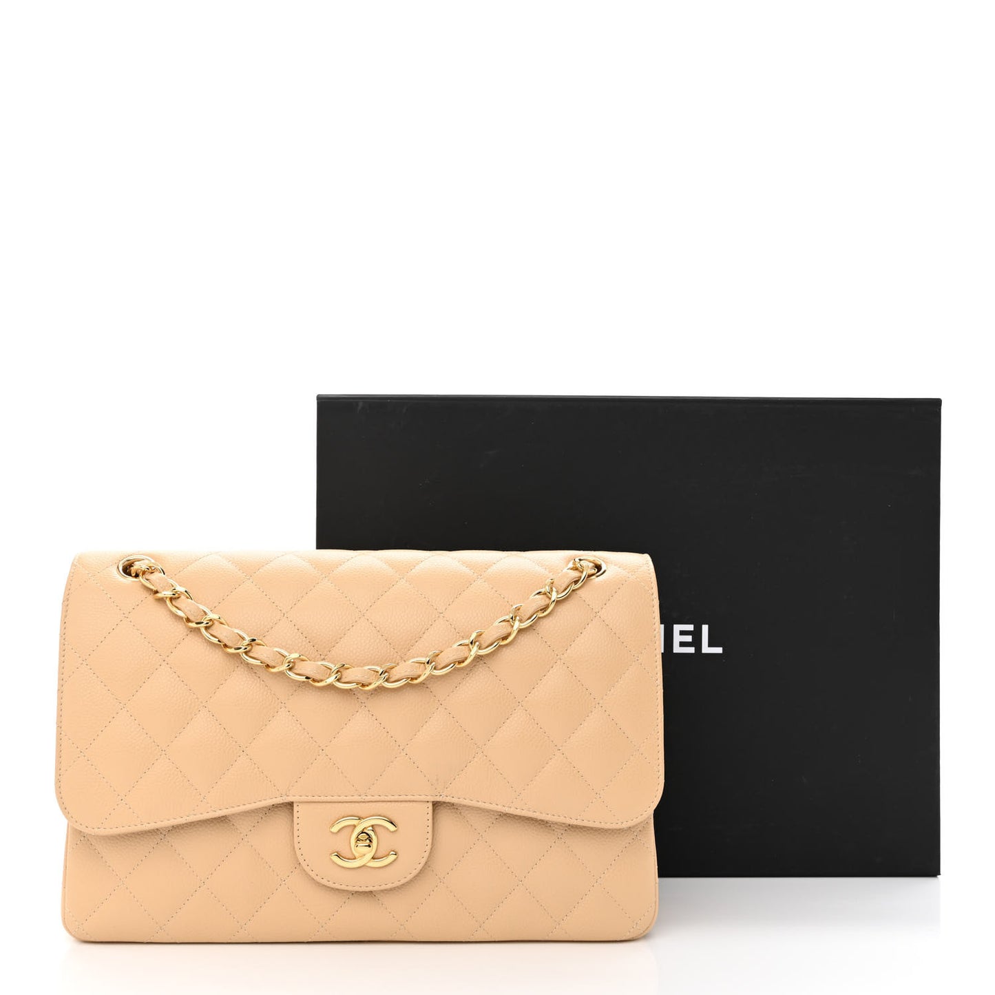 Caviar Quilted Jumbo Double Flap Beige