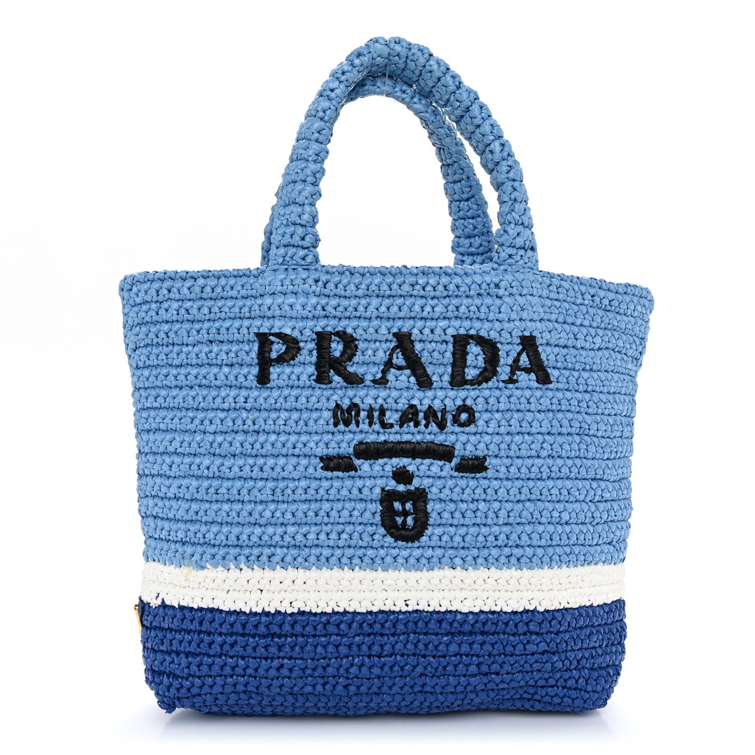 Prada Yarn Raffia Effect Crochet Small Logo Tote Celeste Blue 1 of 10
