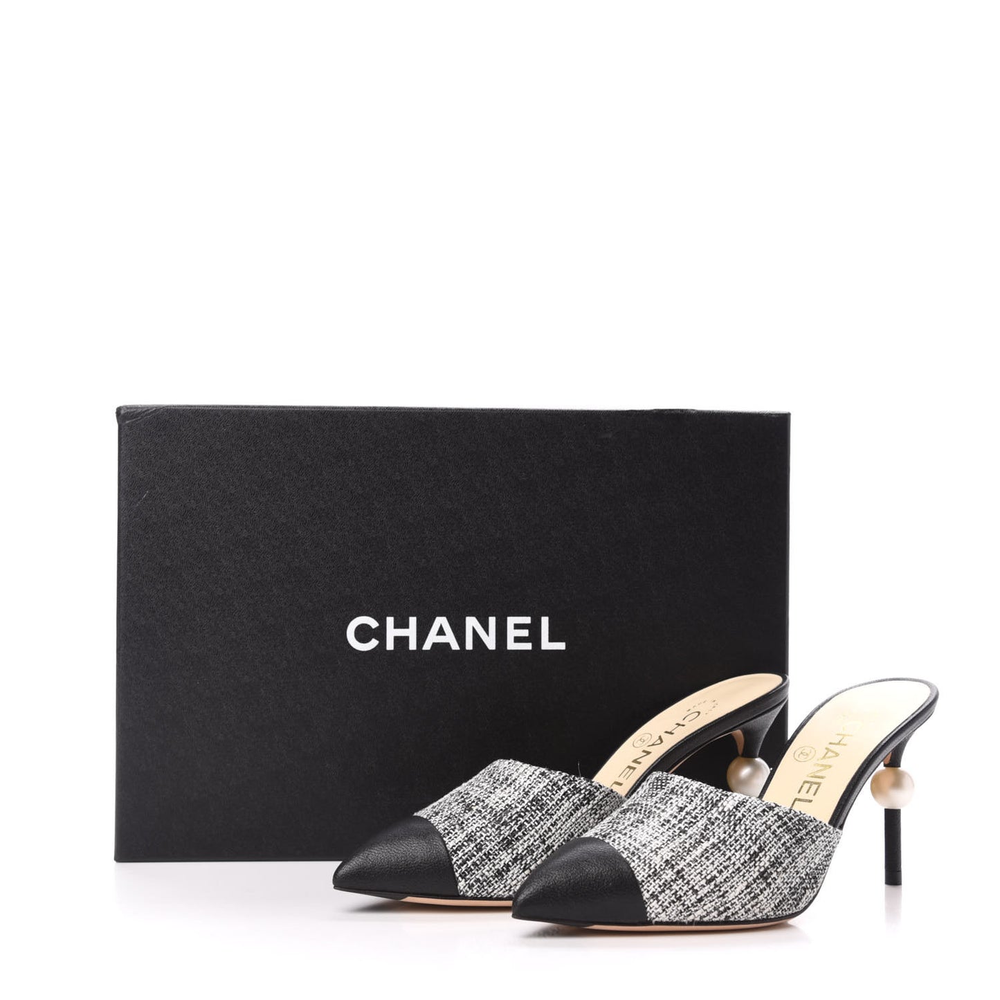 Tweed Goatskin Pearl Mules 35 Black White