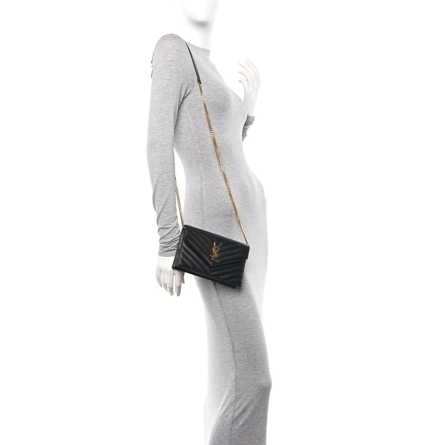 Saint Laurent Grain De Poudre Matelasse Chevron Monogram Envelope Chain Wallet Black 2 of 11