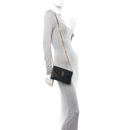 Saint Laurent Grain De Poudre Matelasse Chevron Monogram Envelope Chain Wallet Black 2 of 11