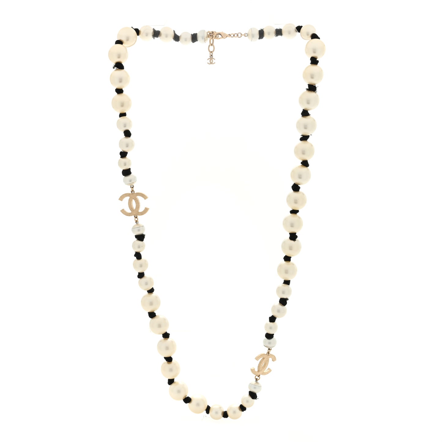 Pearl Grosgrain CC Long Necklace Gold
