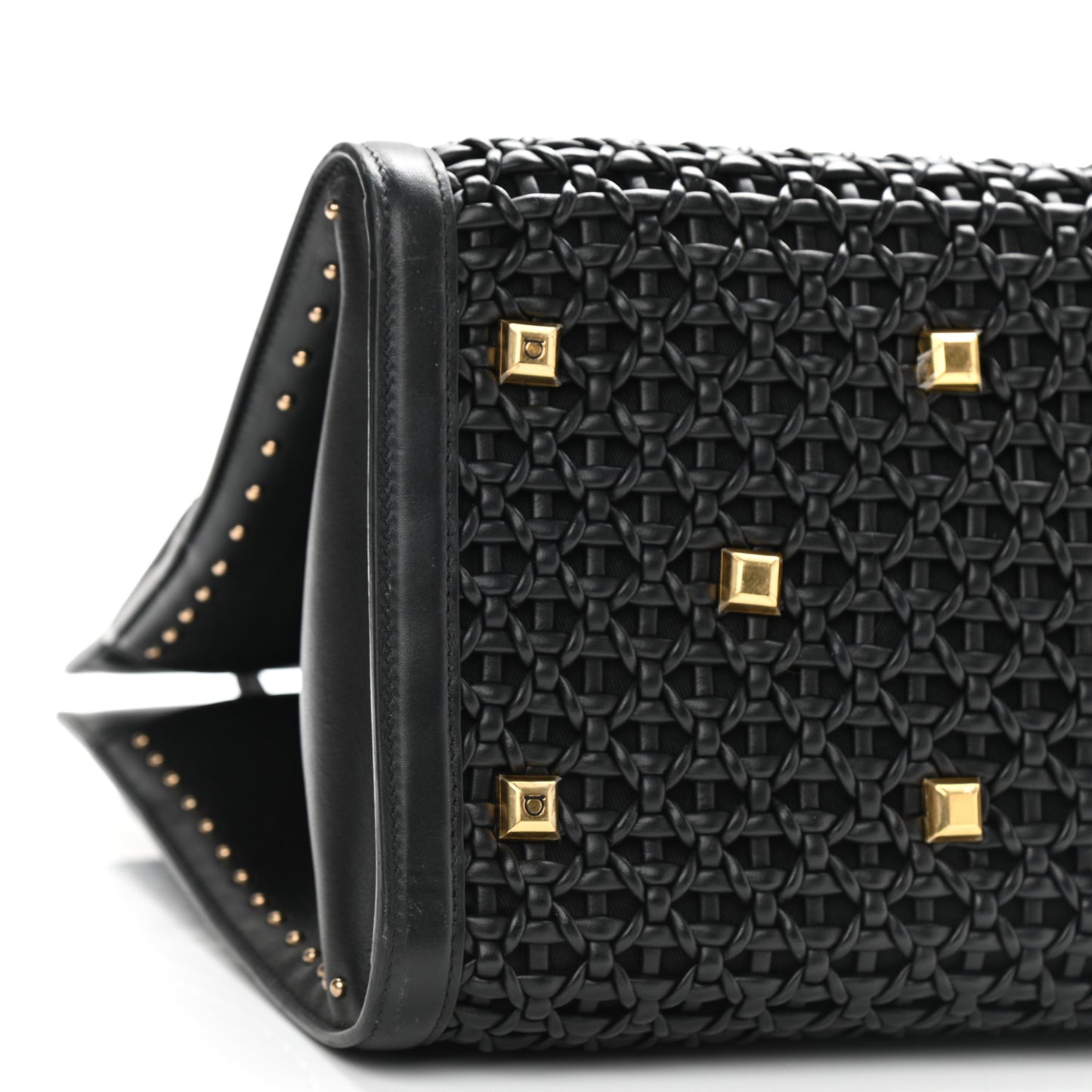 Woven Calfskin Medium Studio Top Handle Bag Black