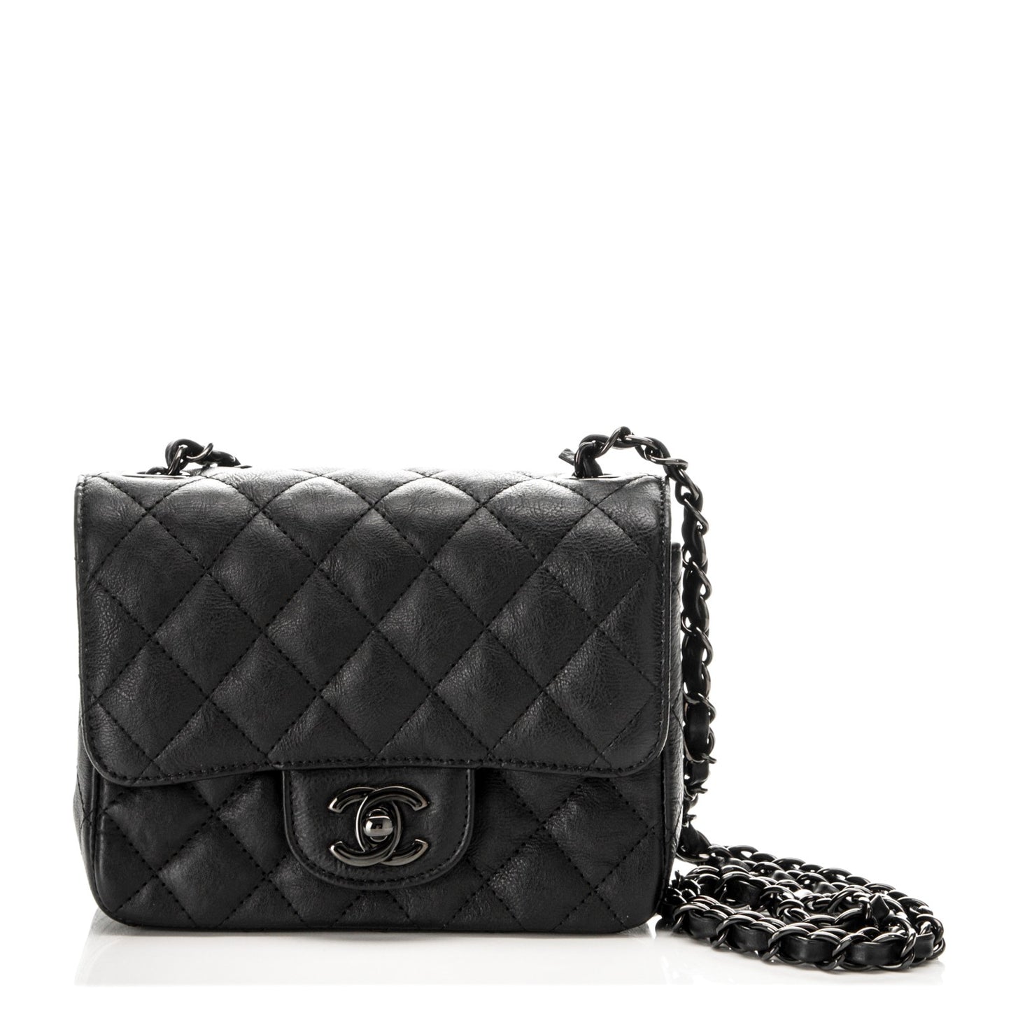 Crumpled Calfskin Quilted Mini Square Flap So Black