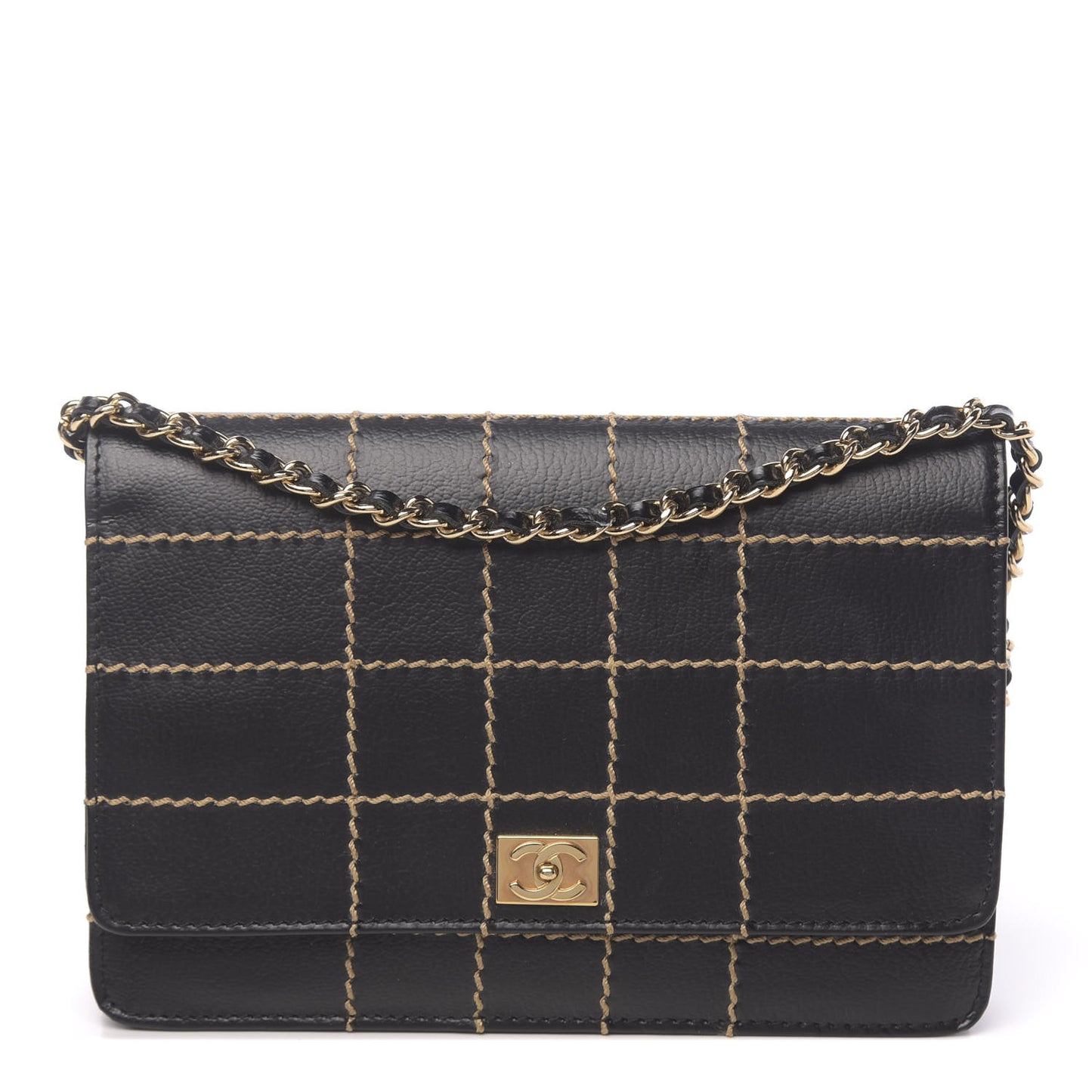 Calfskin Stitched Square Quilted Wallet On Chain WOC Black