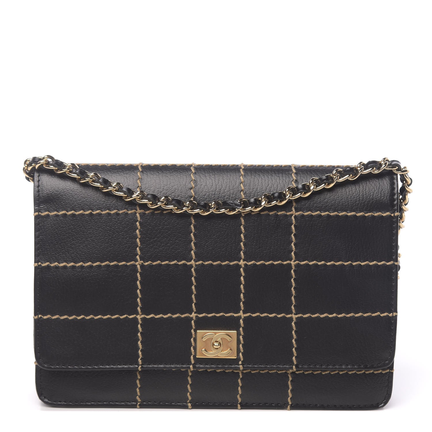 Chanel Calfskin Stitched Square Quilted Wallet On Chain WOC Black 1 of 15