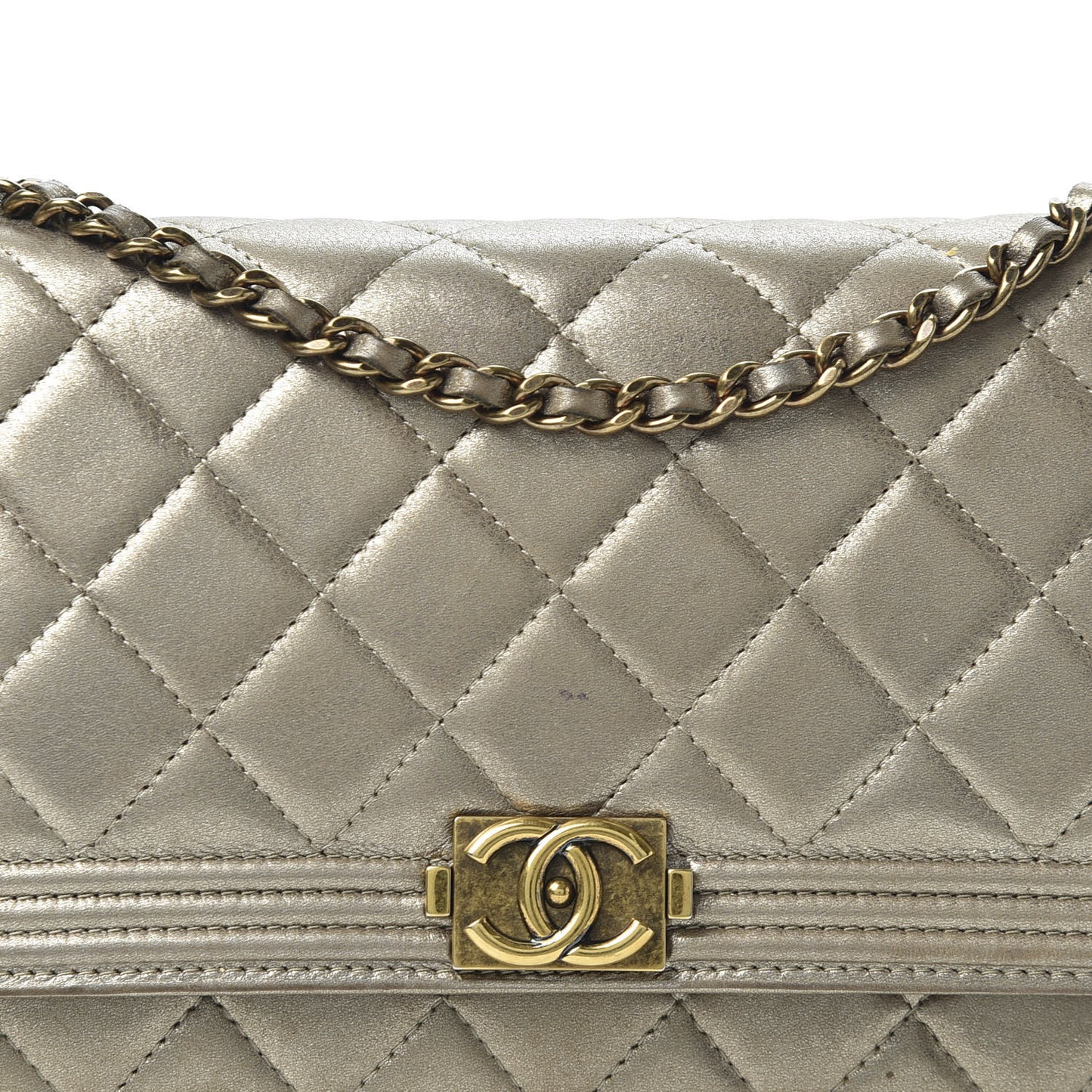 Metallic Lambskin Quilted Boy Wallet On Chain WOC Gold