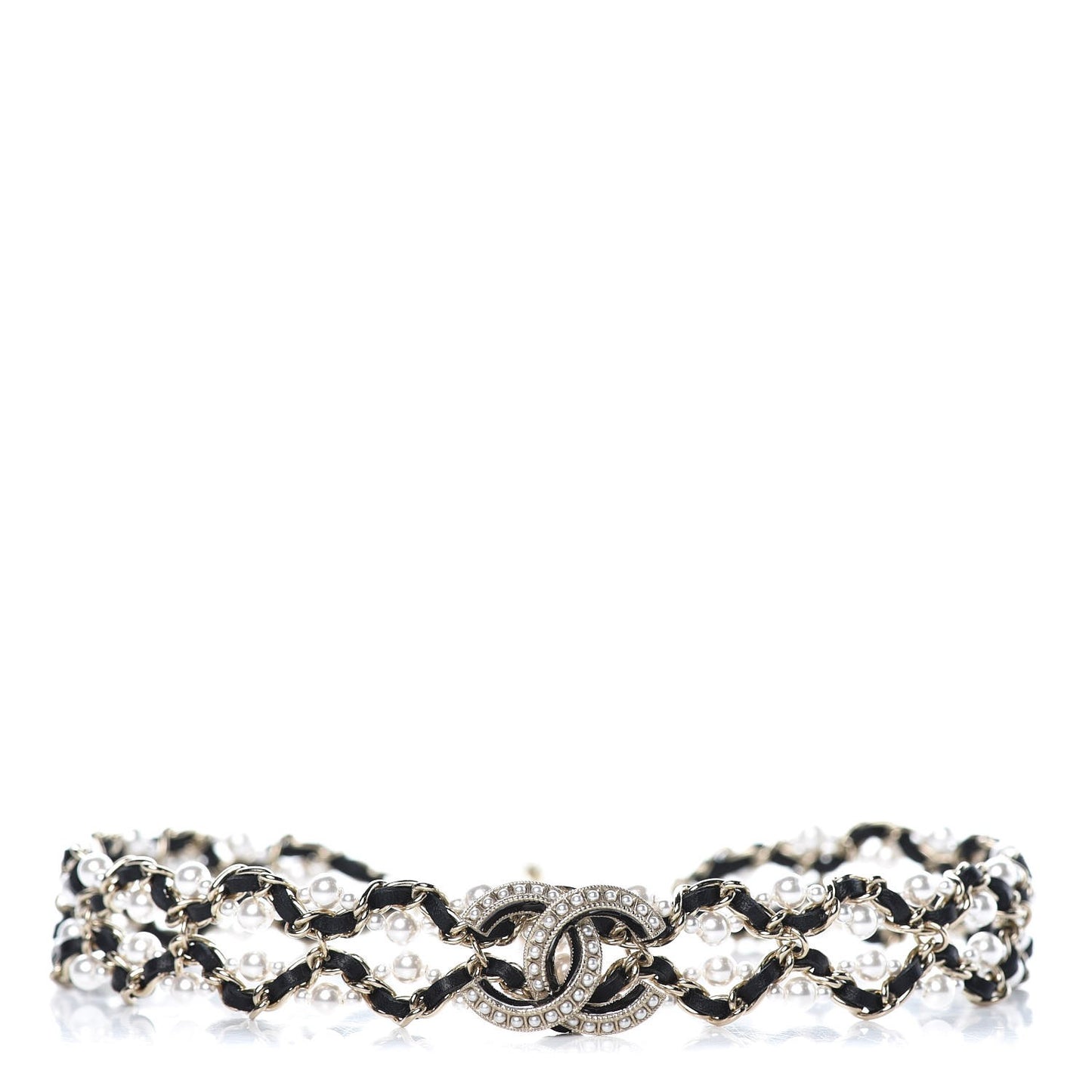 Pearl Lambskin CC Chain Twist Choker Necklace Black Gold