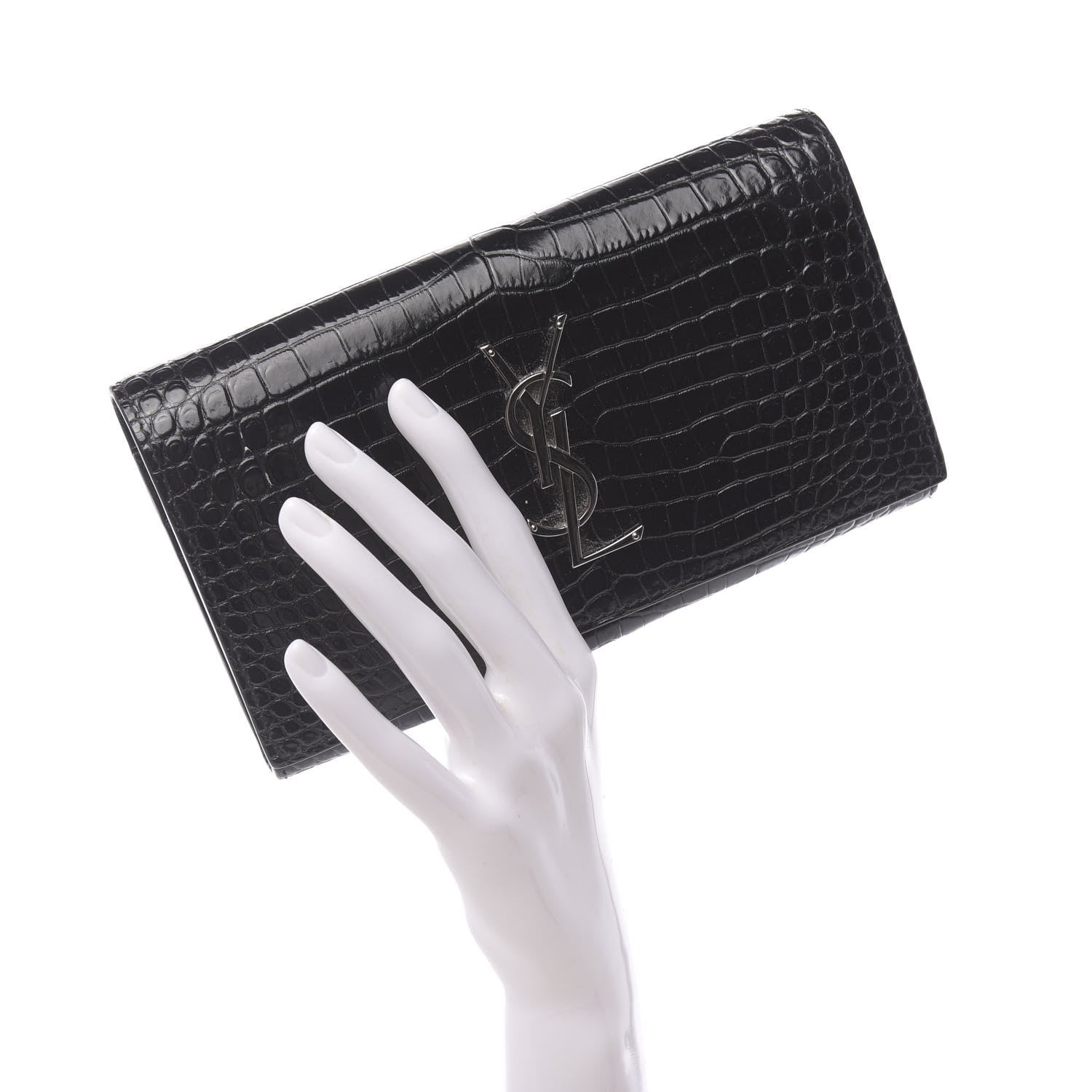 Saint Laurent Calfskin Crocodile Embossed Monogram Flap Wallet Black 2 of 7