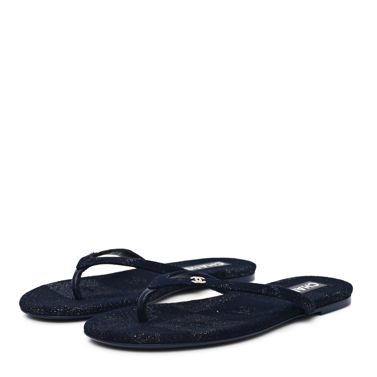 Chanel Cotton SIlk Crystal CC Thong Sandals 40 Dark Blue Silver 4 of 10