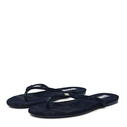 Chanel Cotton SIlk Crystal CC Thong Sandals 40 Dark Blue Silver 4 of 10