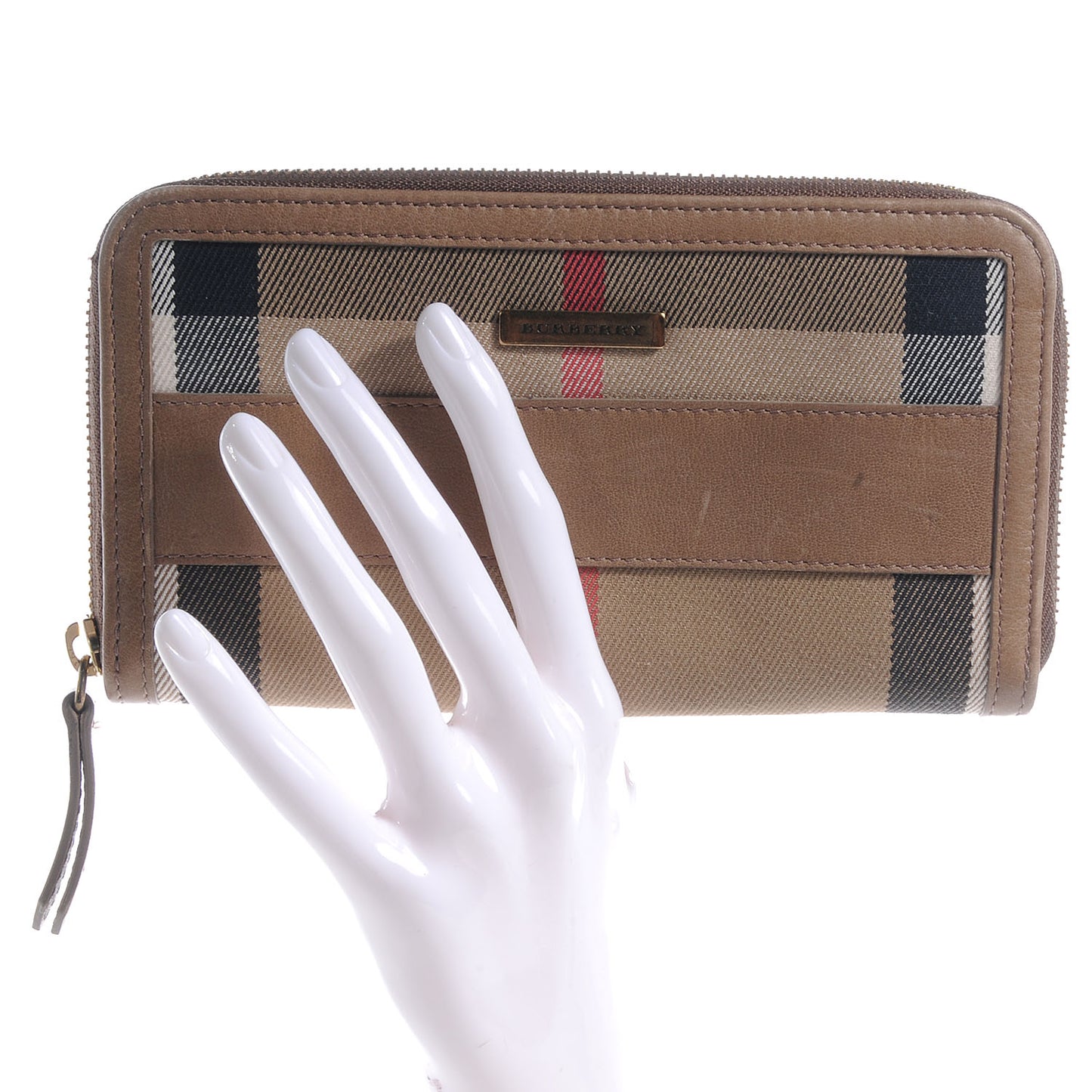 Leather Canvas House Check Zip Around Wallet