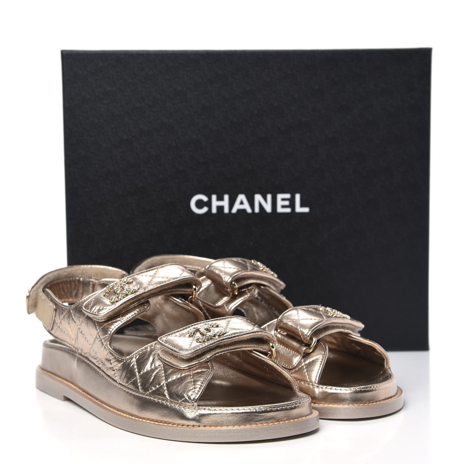 Chanel Iridescent Lambskin Quilted Velcro Dad Sandals 38 Light Bronze 9 of 9