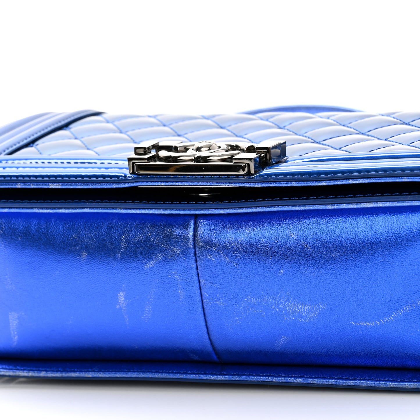 Metallic Patent Quilted Medium Boy Flap Blue