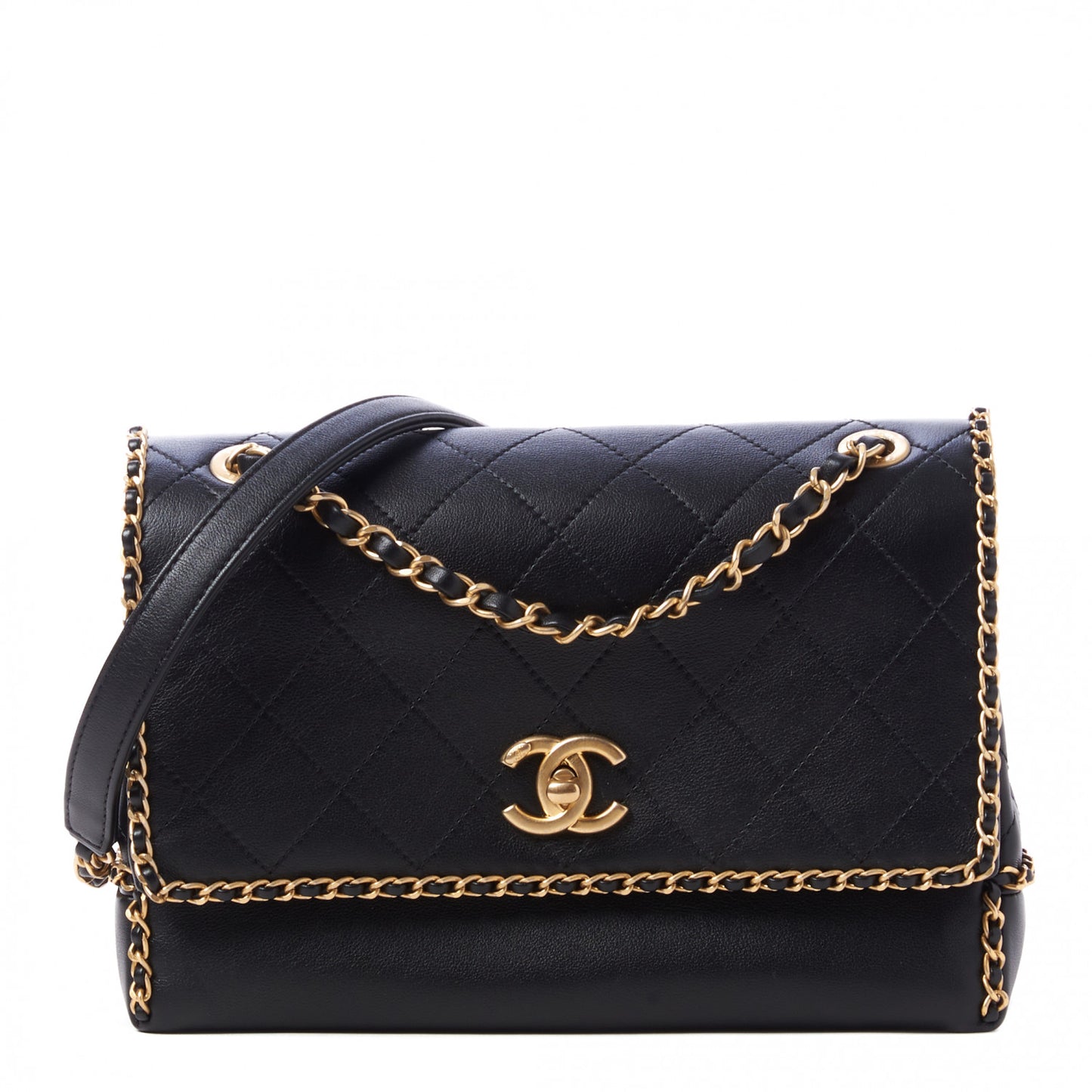 Calfskin Stitched Chain Flap Black
