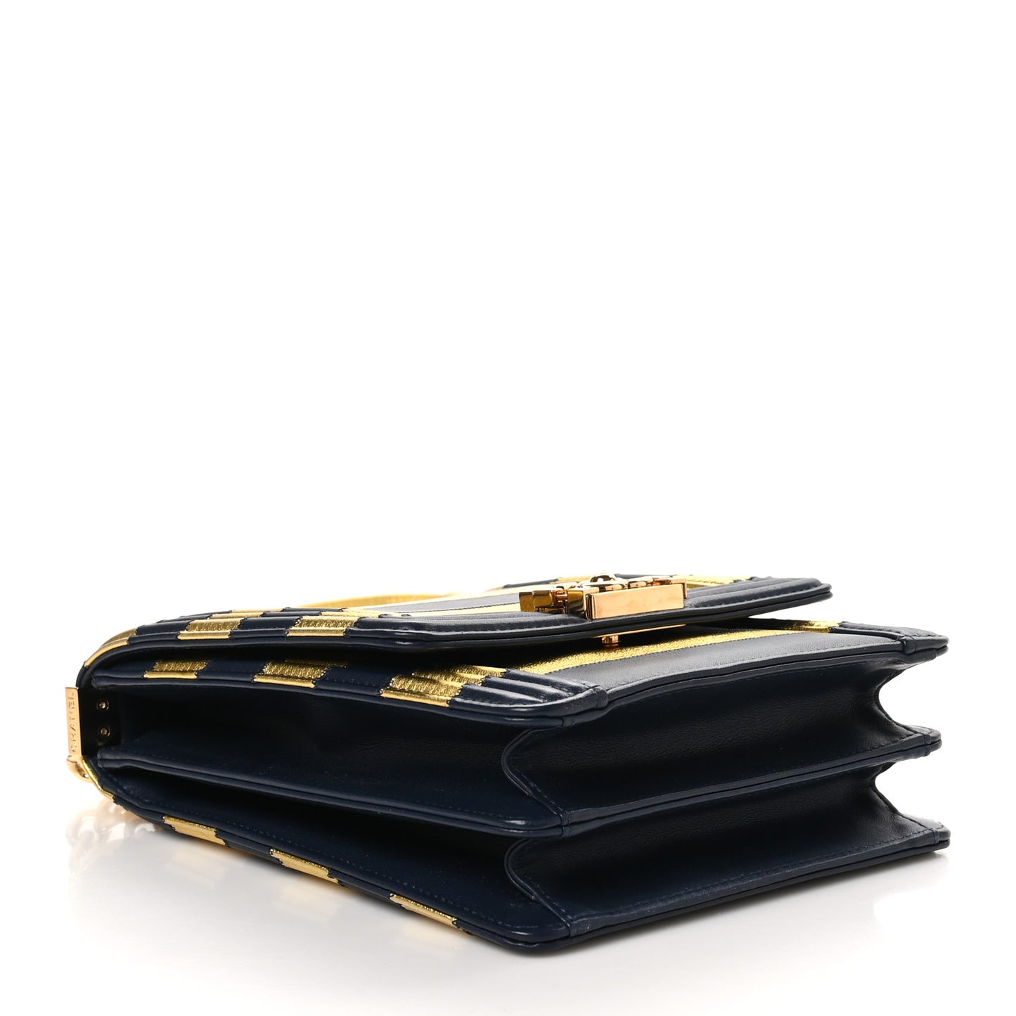 Metallic Lambskin Striped North South Boy Flap Navy Gold