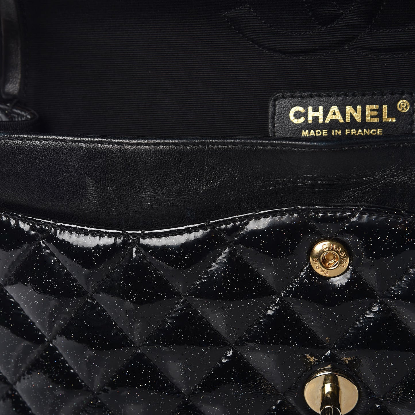Patent Quilted Sparkle Glitter Medium Double Flap Black