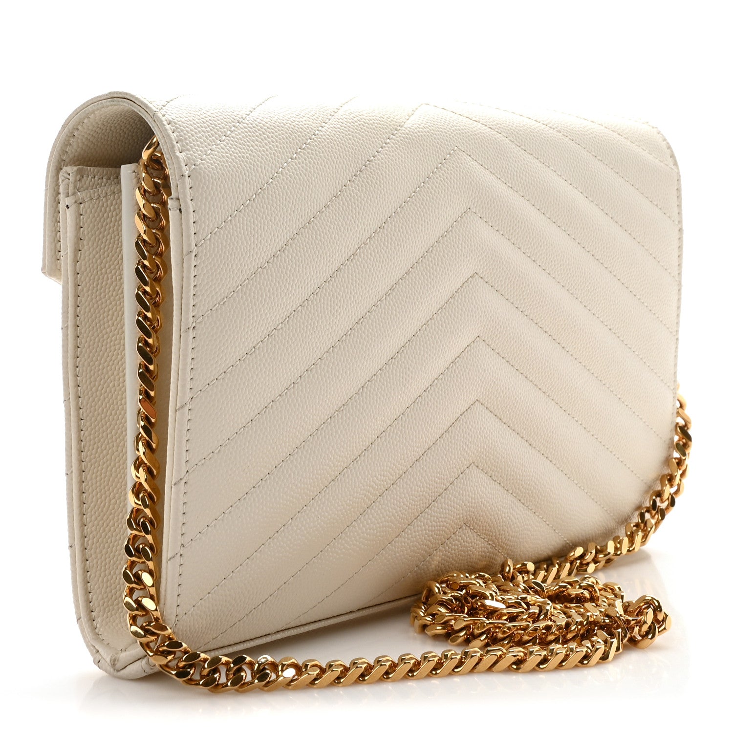 Saint Laurent Grain De Poudre Matelasse Chevron Monogram Chain Wallet Crema Soft 3 of 10