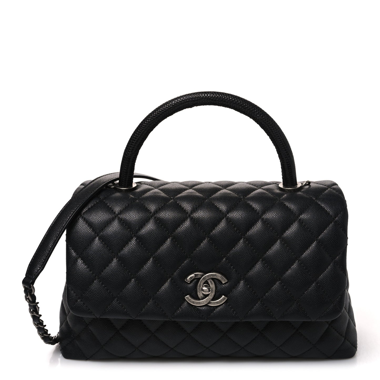 Caviar Lizard Embossed Quilted Small Coco Handle Flap Black